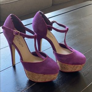 Purple SoleObsession heels w/ cork wedge platform